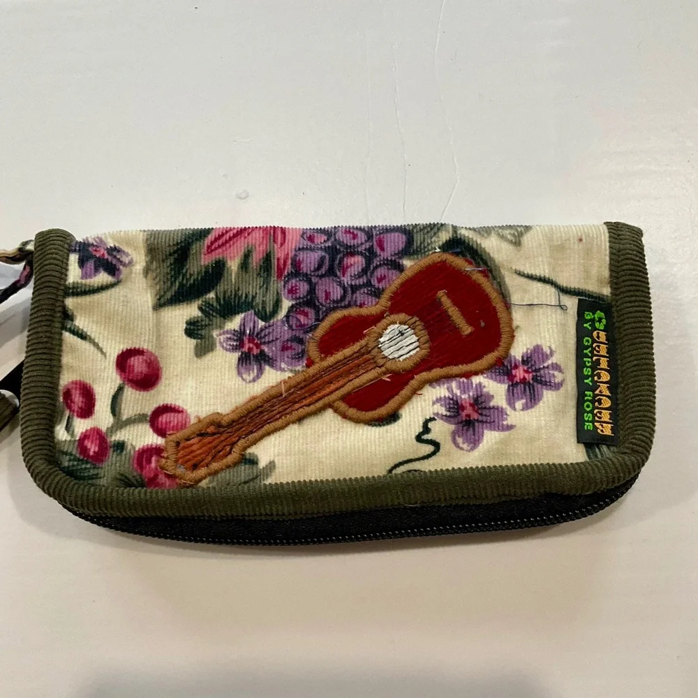 Gypsy Rose Boho Handmade Guatemala Floral Corduroy Guitar Wristlet Wallet Hippie